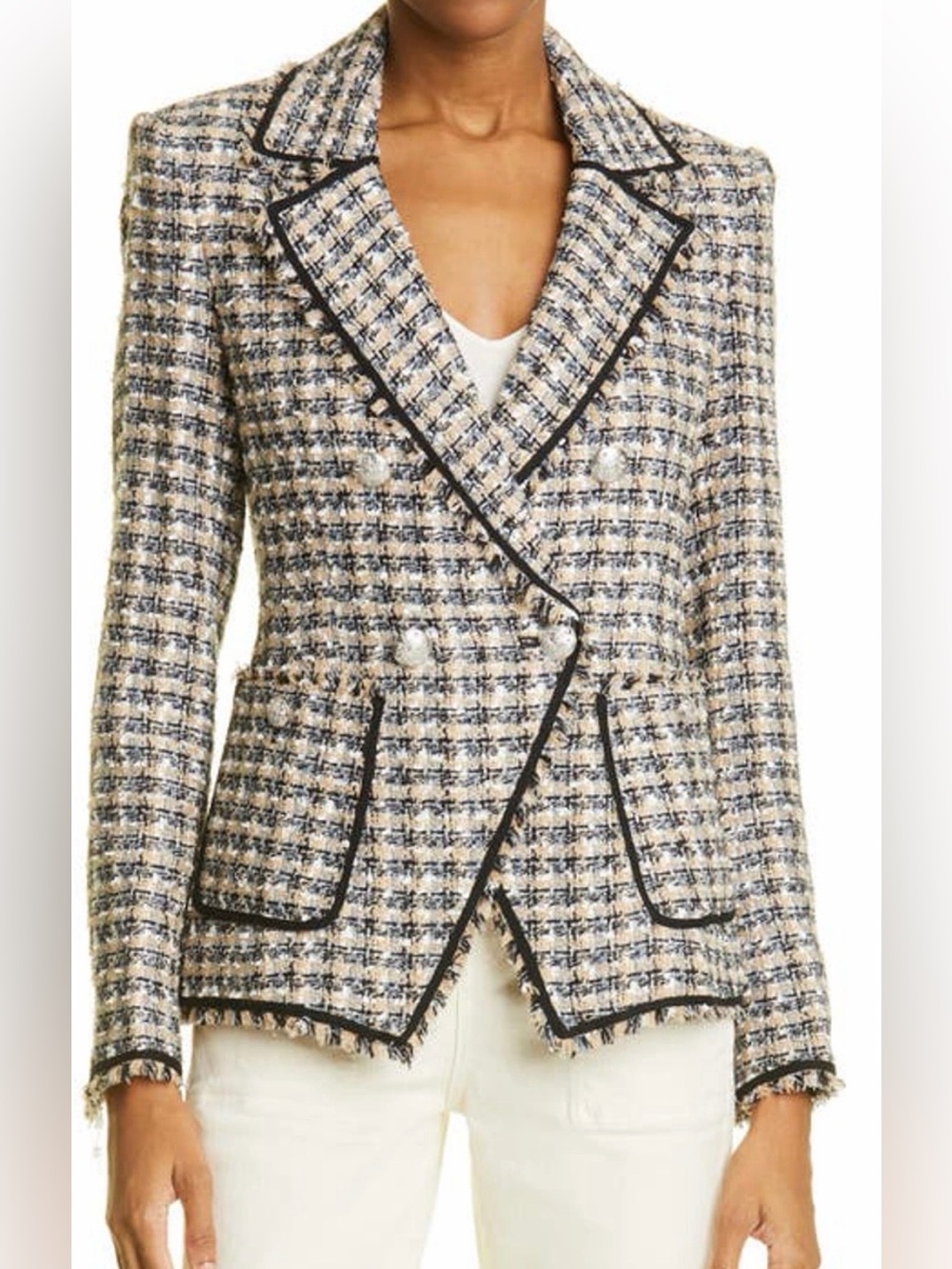 Veronica Beard Cream & Navy Tweed Double-Breasted Blazer